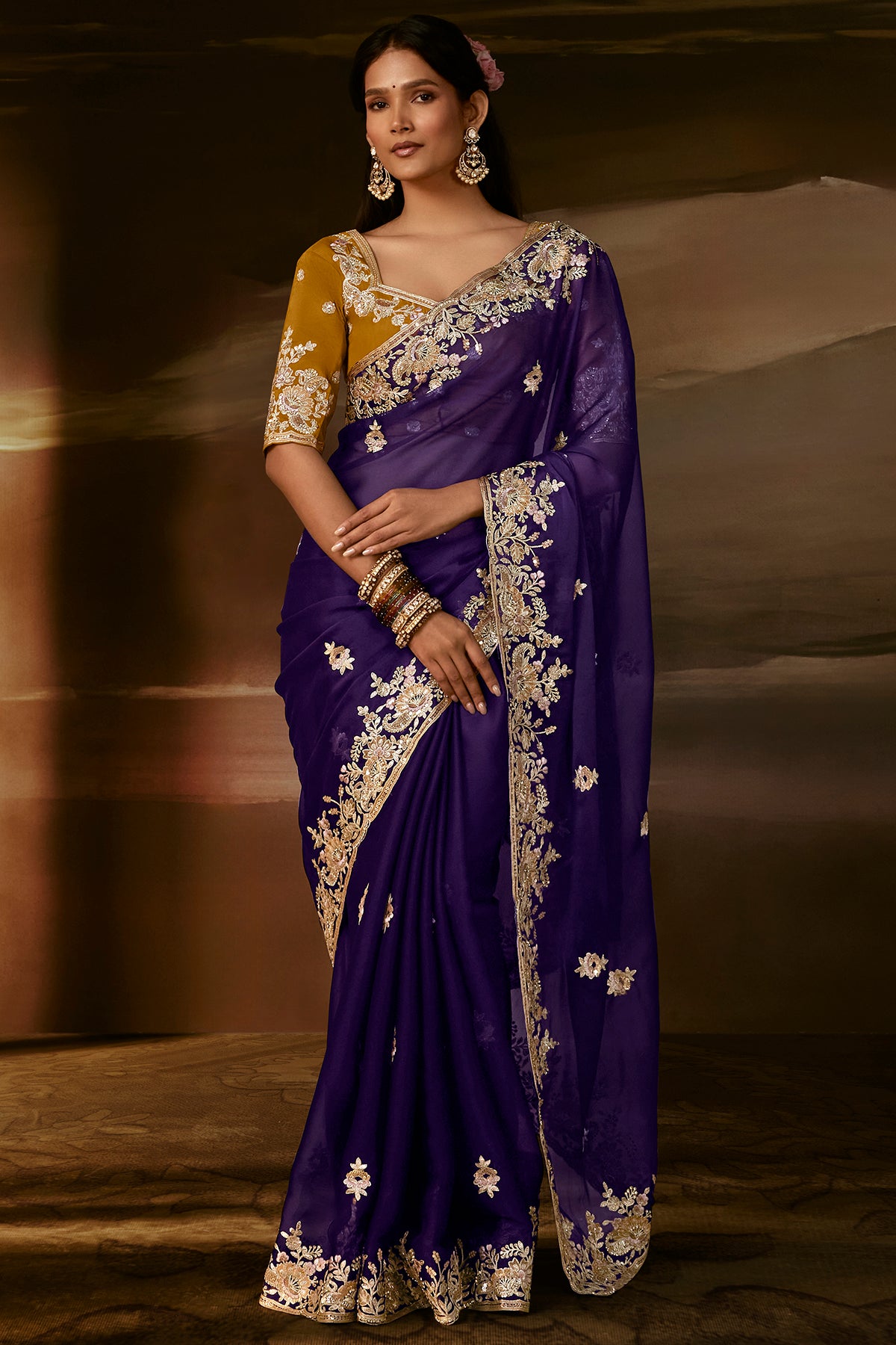 Royal Purple Embroidered Saree with Golden Work