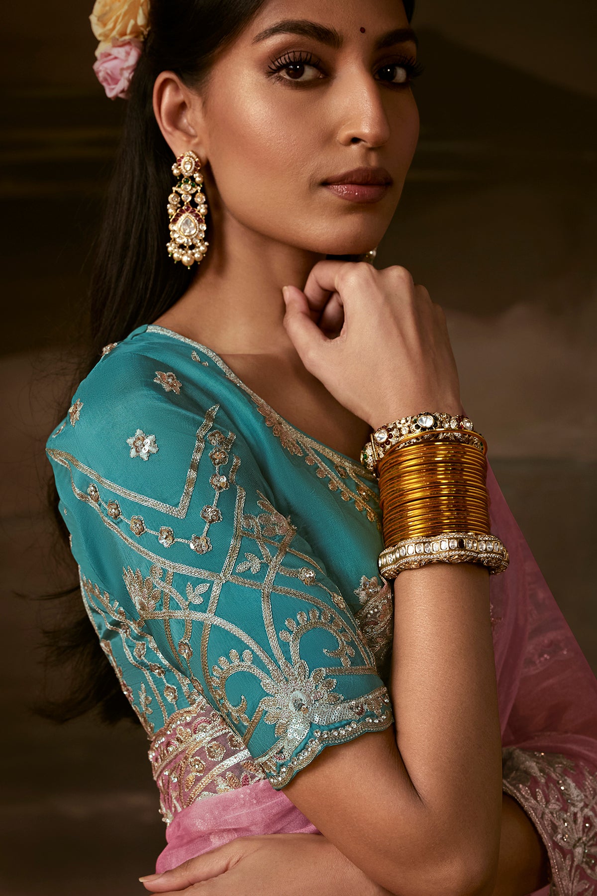Pink Embroidered Saree with Teal Blouse