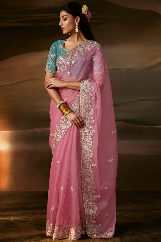 Pink Embroidered Saree with Teal Blouse
