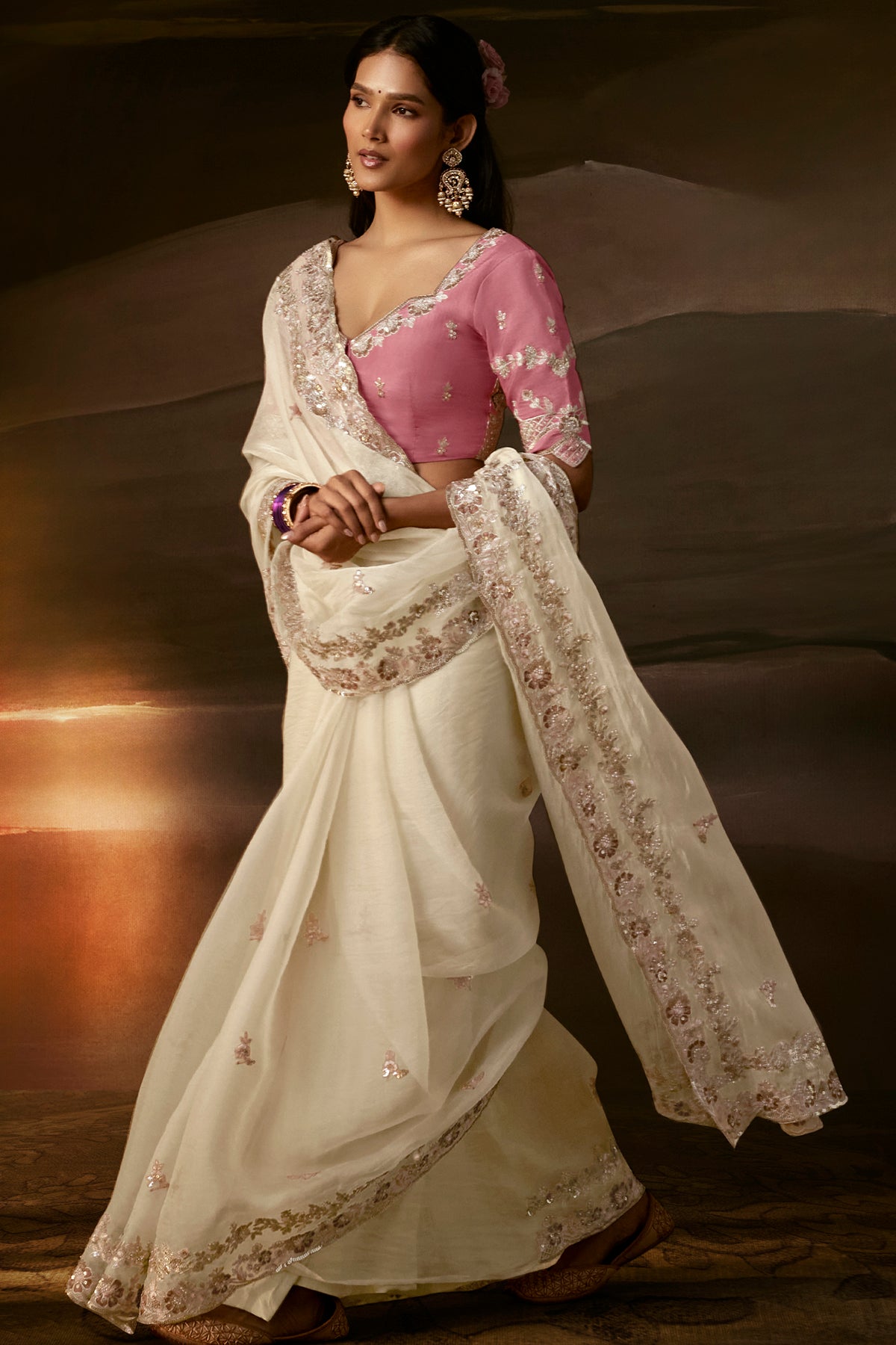 Ivory White Embroidered Saree with Pink Blouse