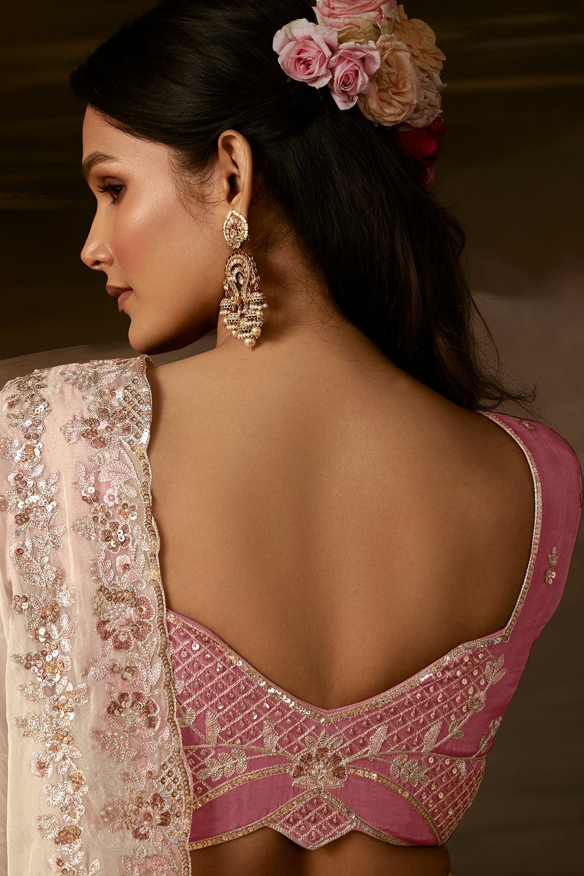 Ivory White Embroidered Saree with Pink Blouse