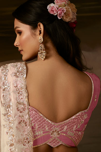 Ivory White Embroidered Saree with Pink Blouse
