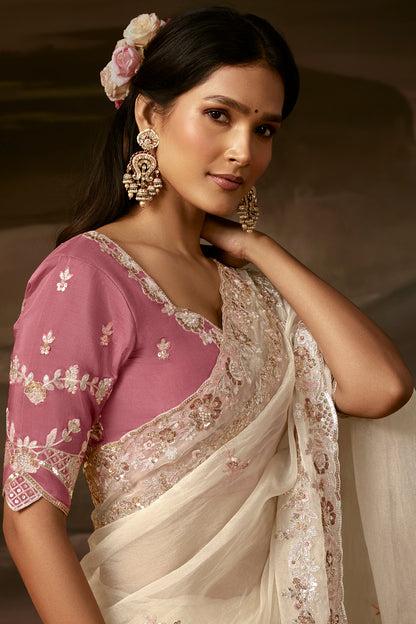 Ivory White Embroidered Saree with Pink Blouse