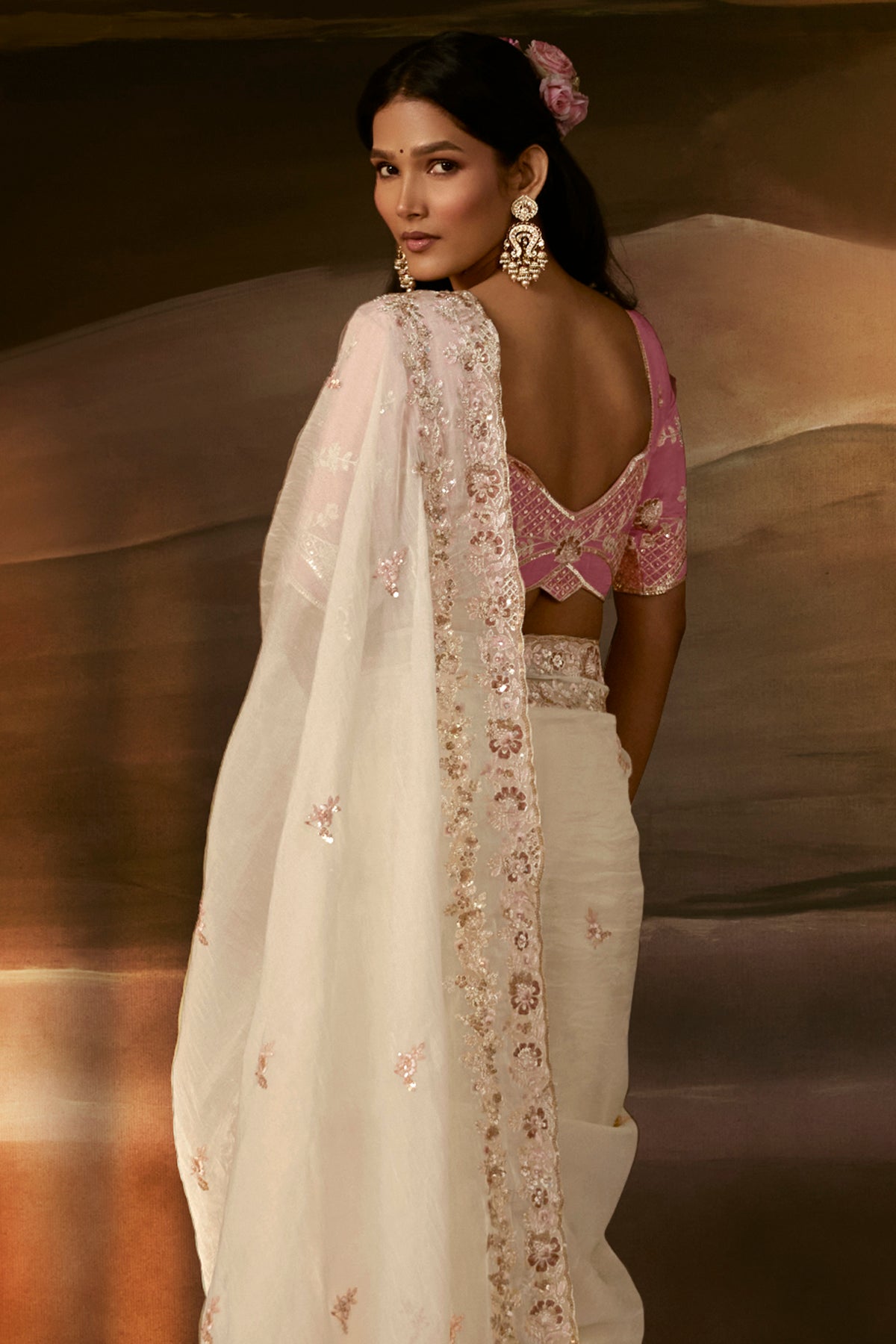 Ivory White Embroidered Saree with Pink Blouse