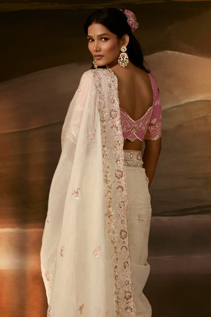 Ivory White Embroidered Saree with Pink Blouse