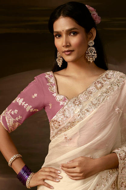 Ivory White Embroidered Saree with Pink Blouse