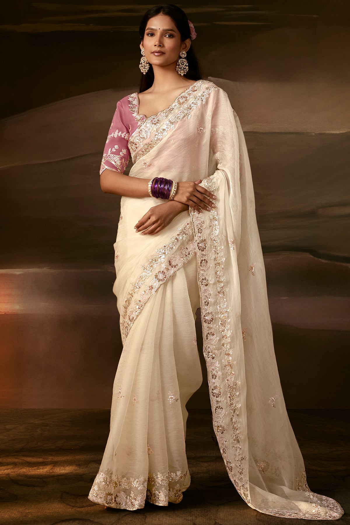 Ivory White Embroidered Saree with Pink Blouse