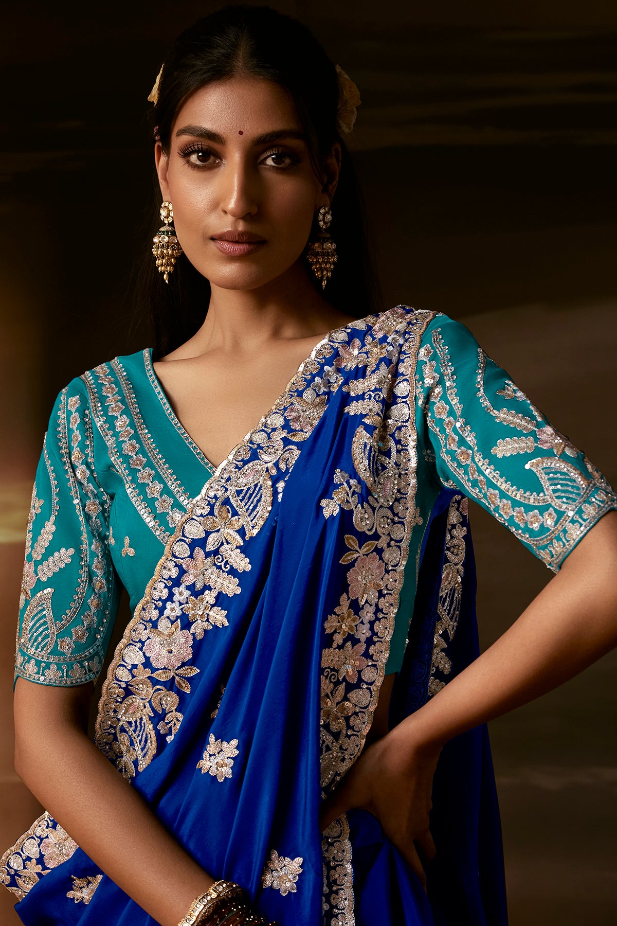 Royal Blue Embroidered Saree with Teal Blouse