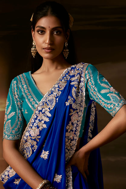 Royal Blue Embroidered Saree with Teal Blouse