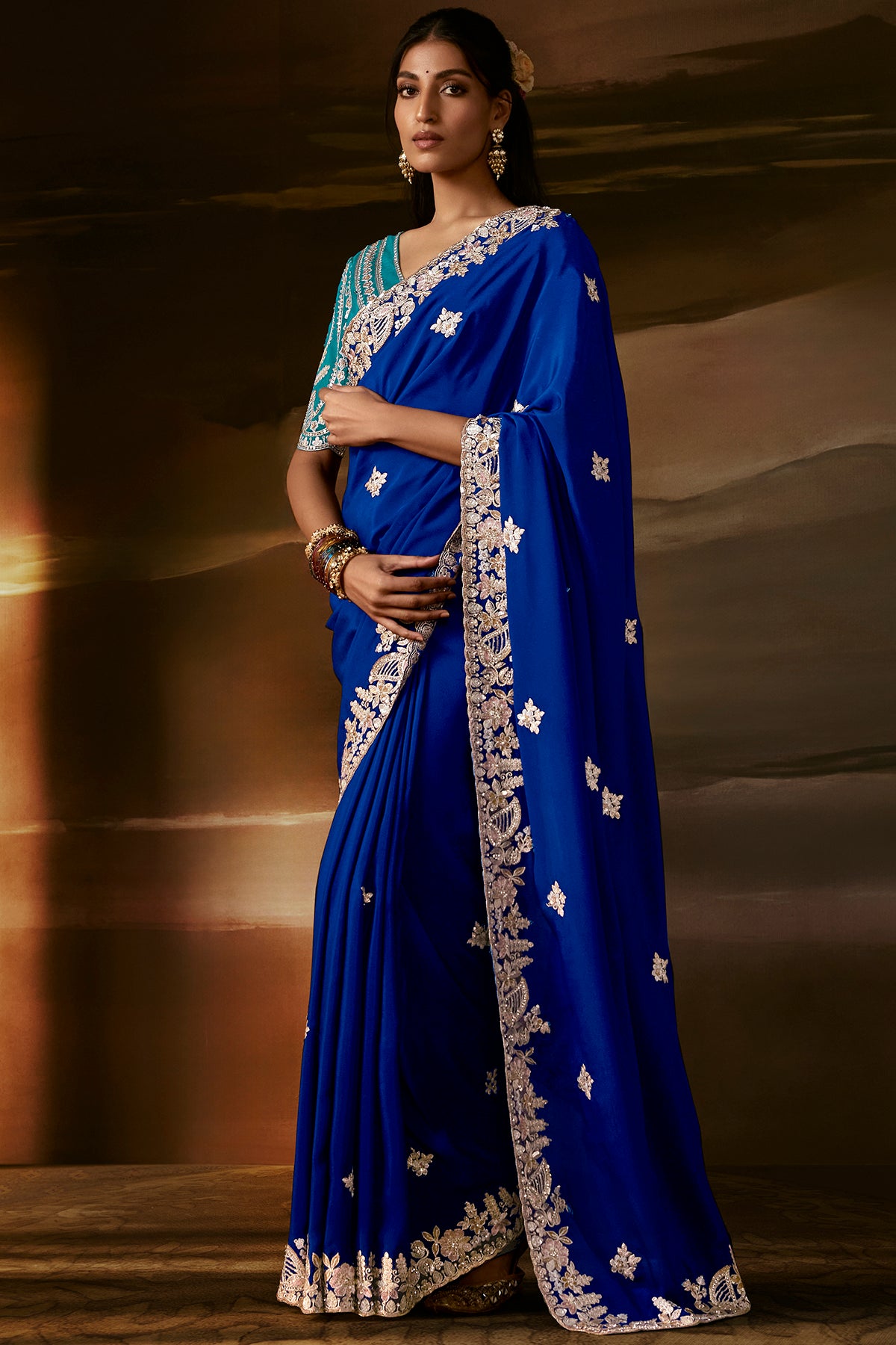 Royal Blue Embroidered Saree with Teal Blouse