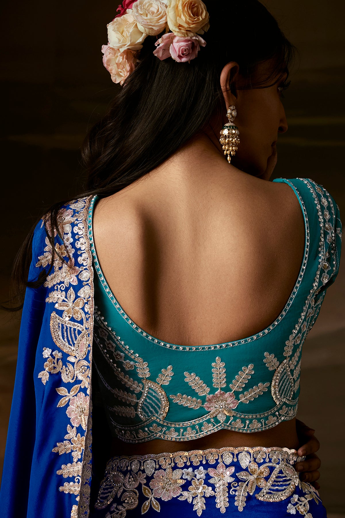 Royal Blue Embroidered Saree with Teal Blouse