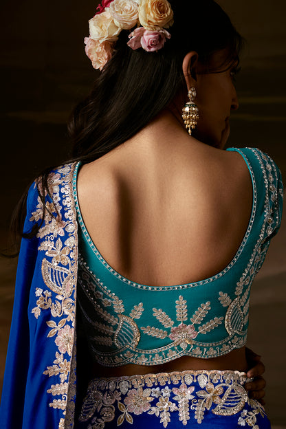 Royal Blue Embroidered Saree with Teal Blouse