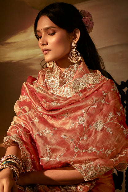 Elegant Peach Pink Embroidered Saree