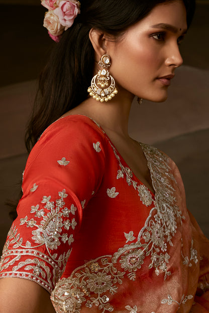 Elegant Peach Pink Embroidered Saree