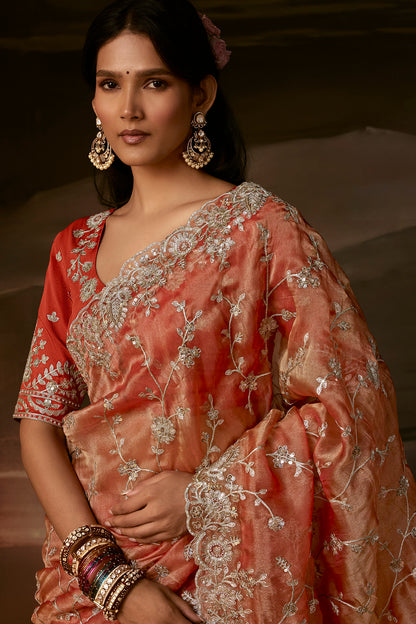 Elegant Peach Pink Embroidered Saree