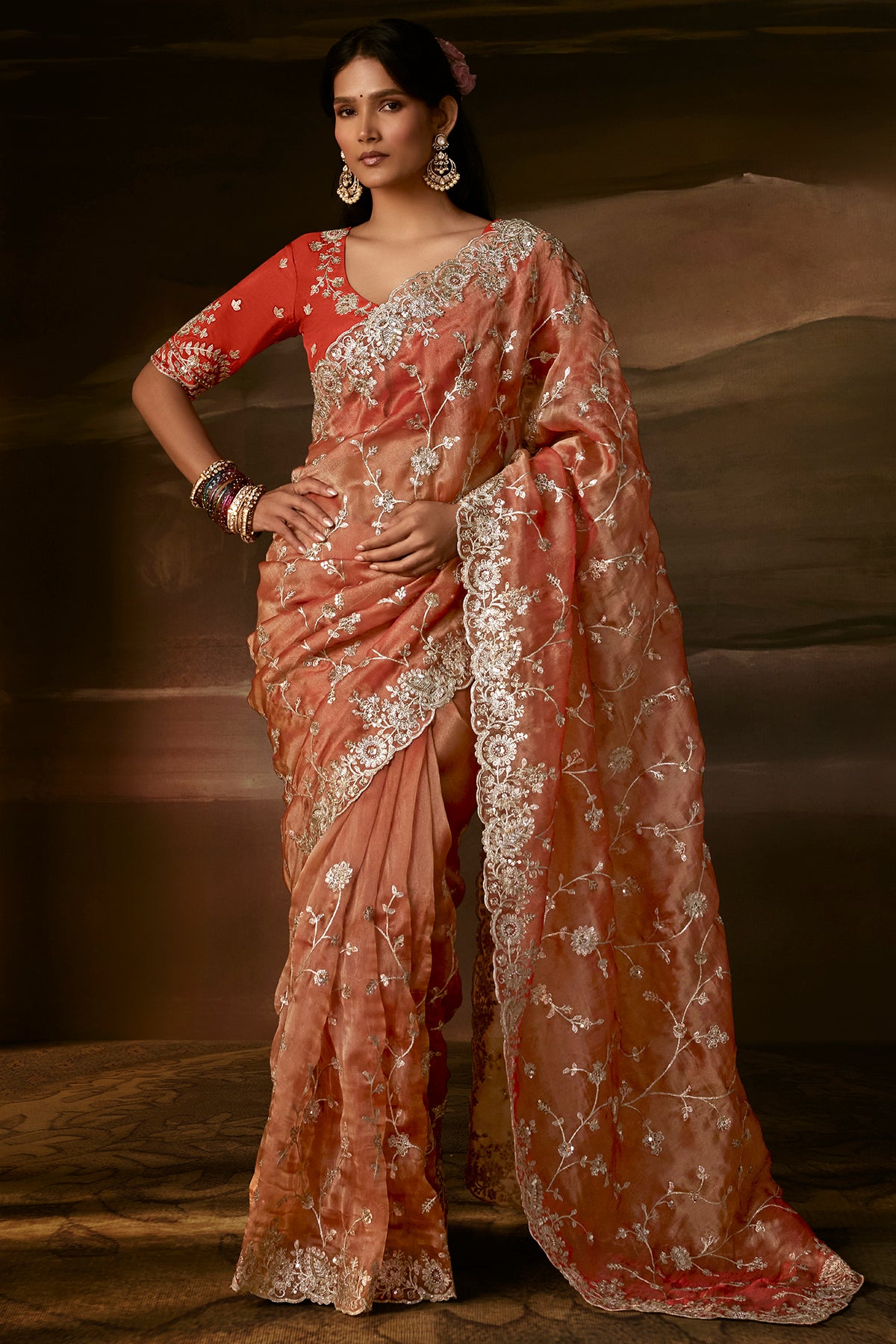 Elegant Peach Pink Embroidered Saree