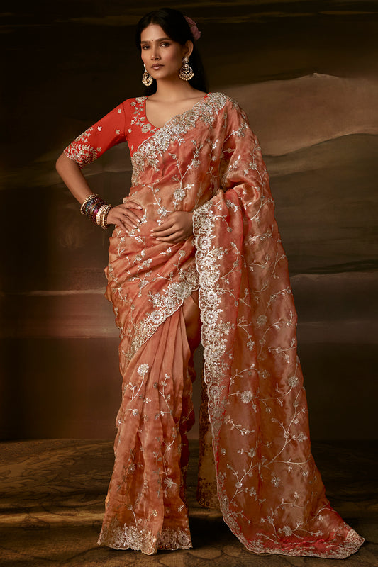 Elegant Peach Pink Embroidered Saree