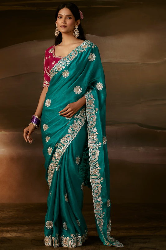 Teal Green Designer Saree with Heavy Golden Zari Embroidery