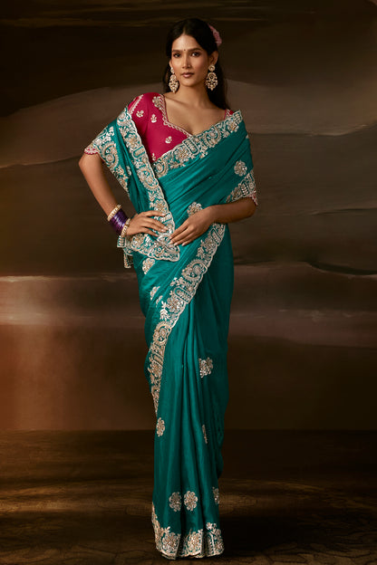 Teal Green Designer Saree with Heavy Golden Zari Embroidery