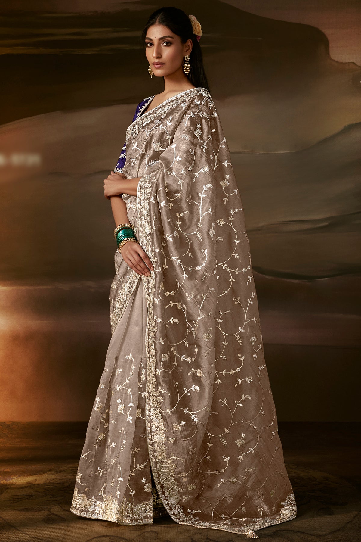 Luxury Taupe Grey Embroidered Saree with Golden Zari Work