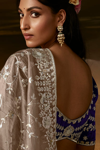 Luxury Taupe Grey Embroidered Saree with Golden Zari Work