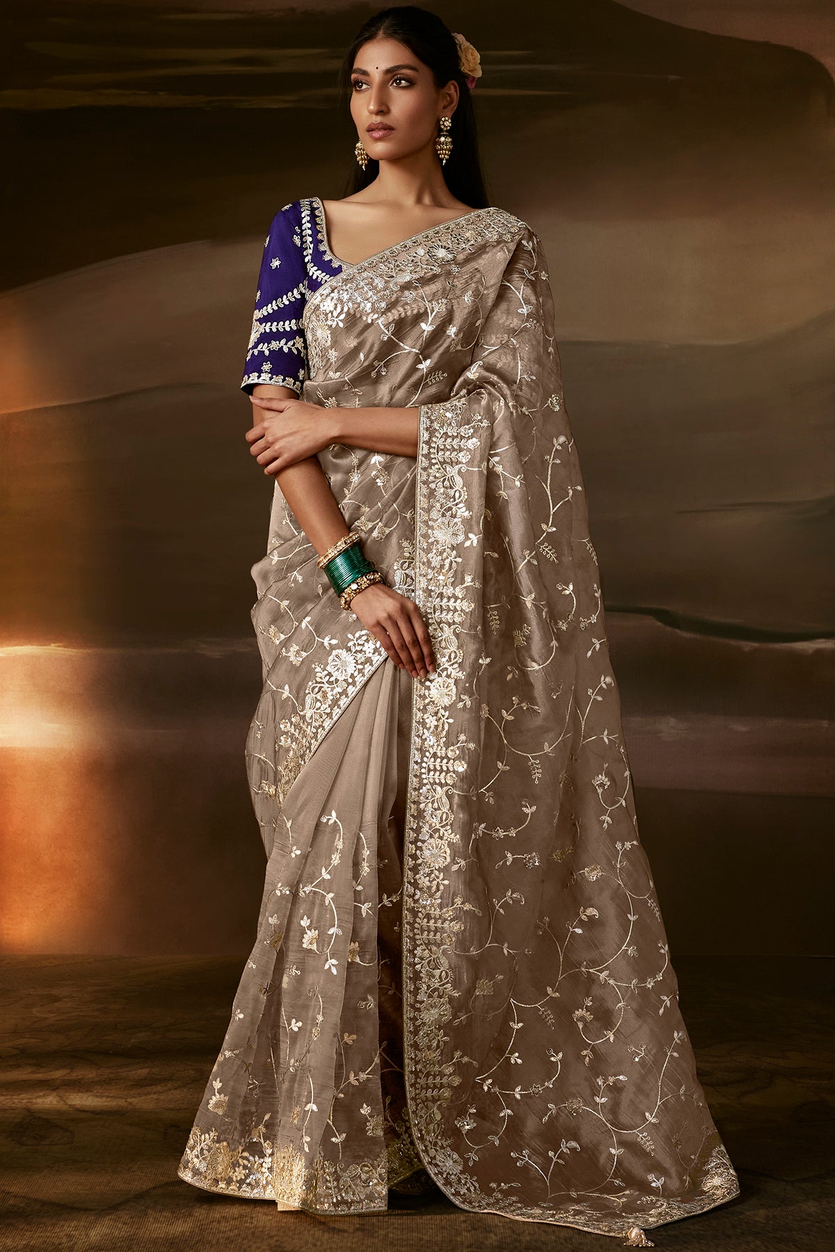 Luxury Taupe Grey Embroidered Saree with Golden Zari Work