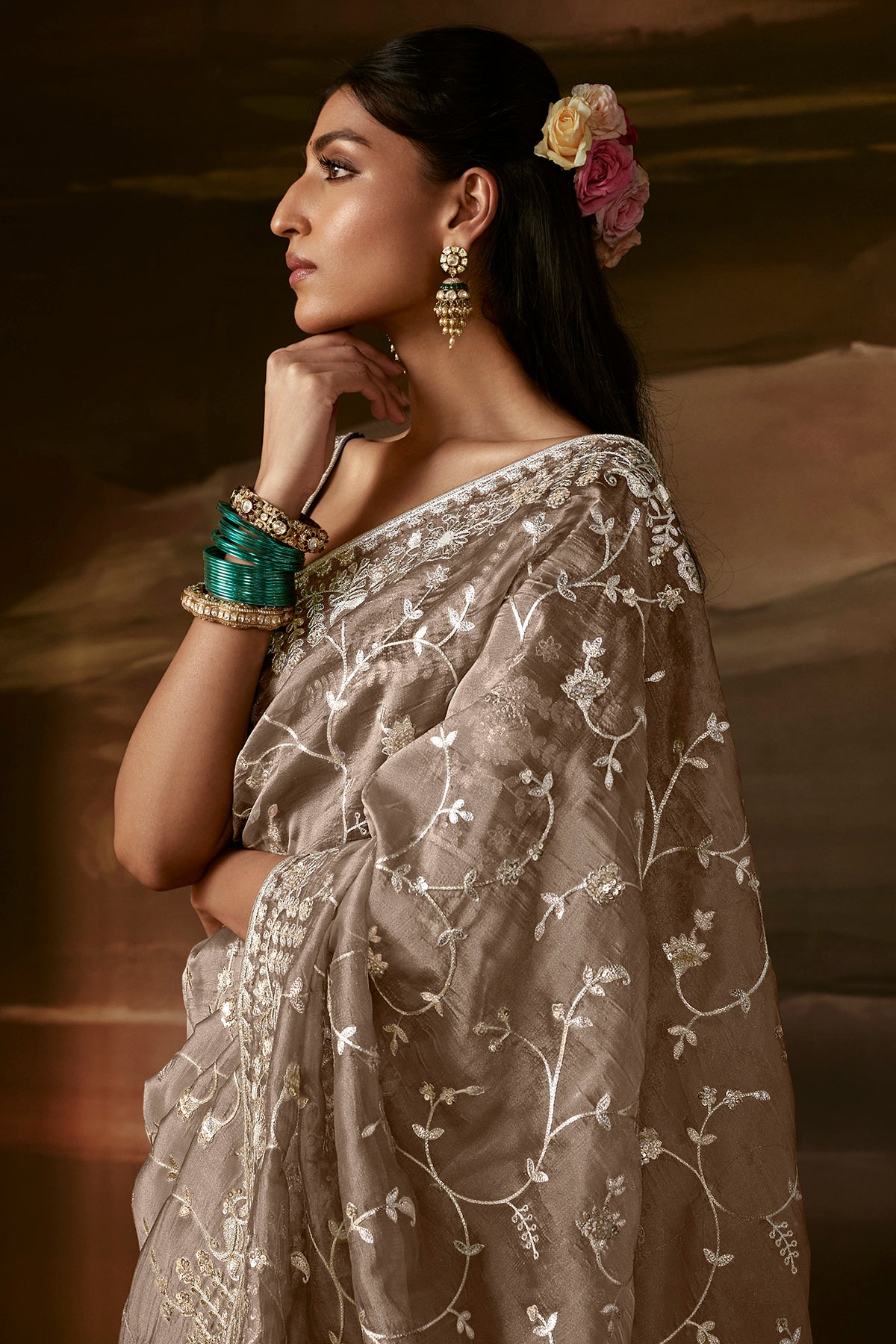 Luxury Taupe Grey Embroidered Saree with Golden Zari Work