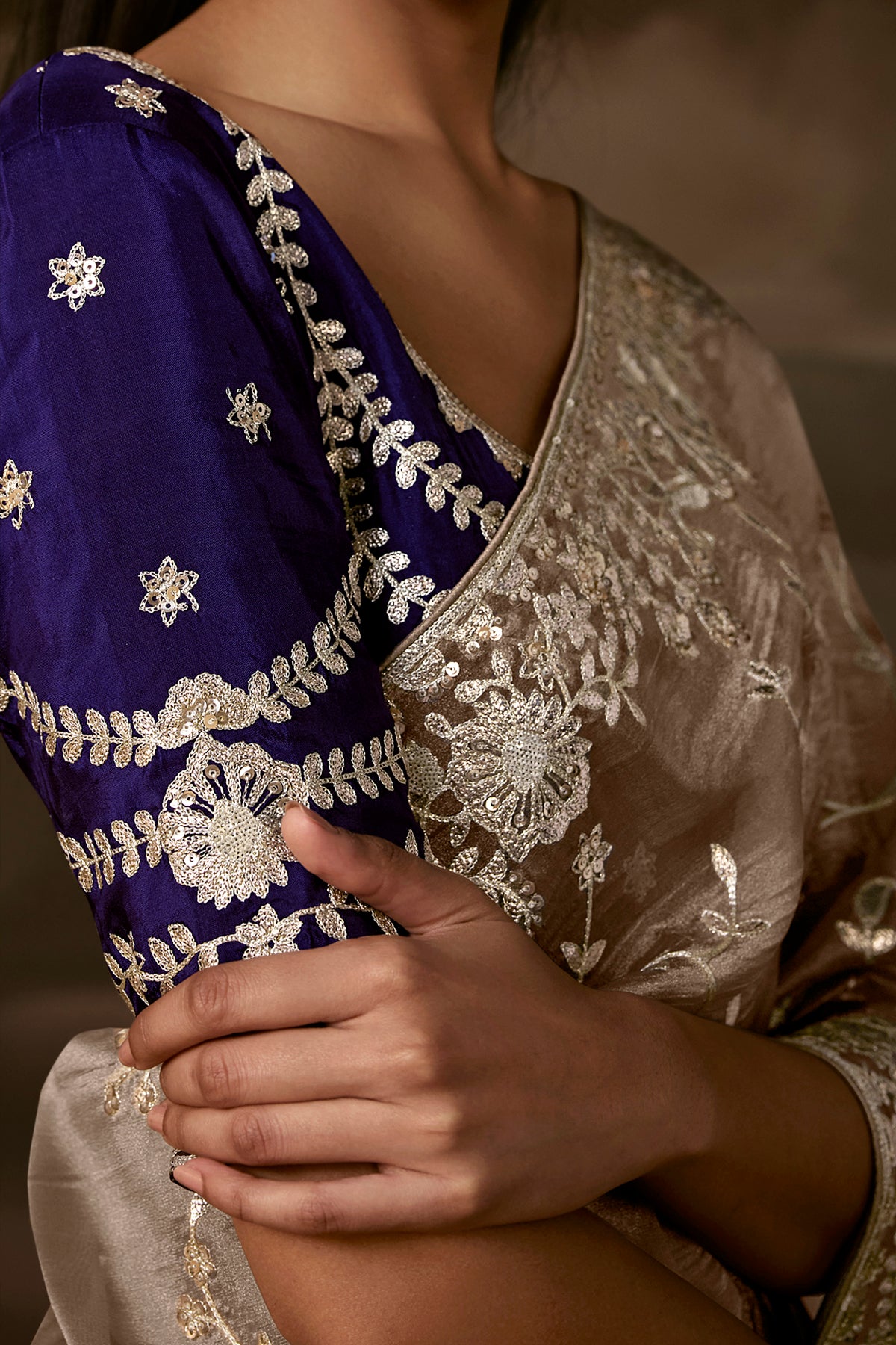 Luxury Taupe Grey Embroidered Saree with Golden Zari Work