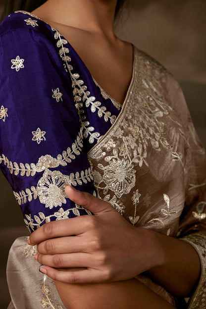 Luxury Taupe Grey Embroidered Saree with Golden Zari Work