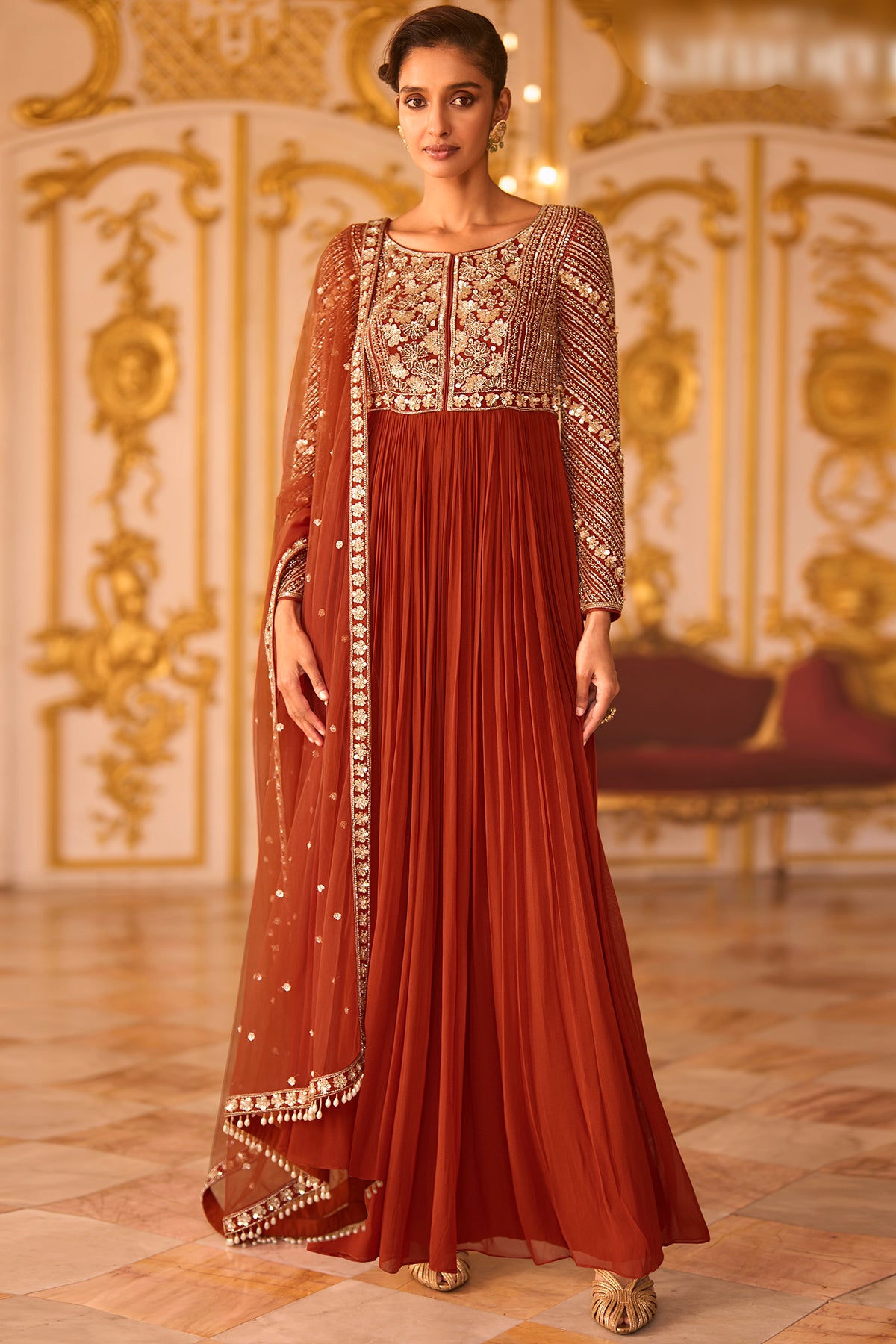 Amber Rust Embroidered Anarkali Suit