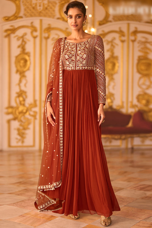 Amber Rust Embroidered Anarkali Suit