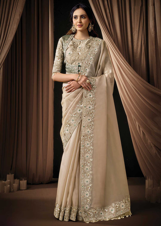Ivory Organza Satin Embroidered Saree