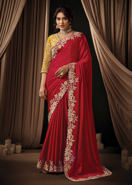 Crimson Satin Silk Saree with Floral Embroidery Border