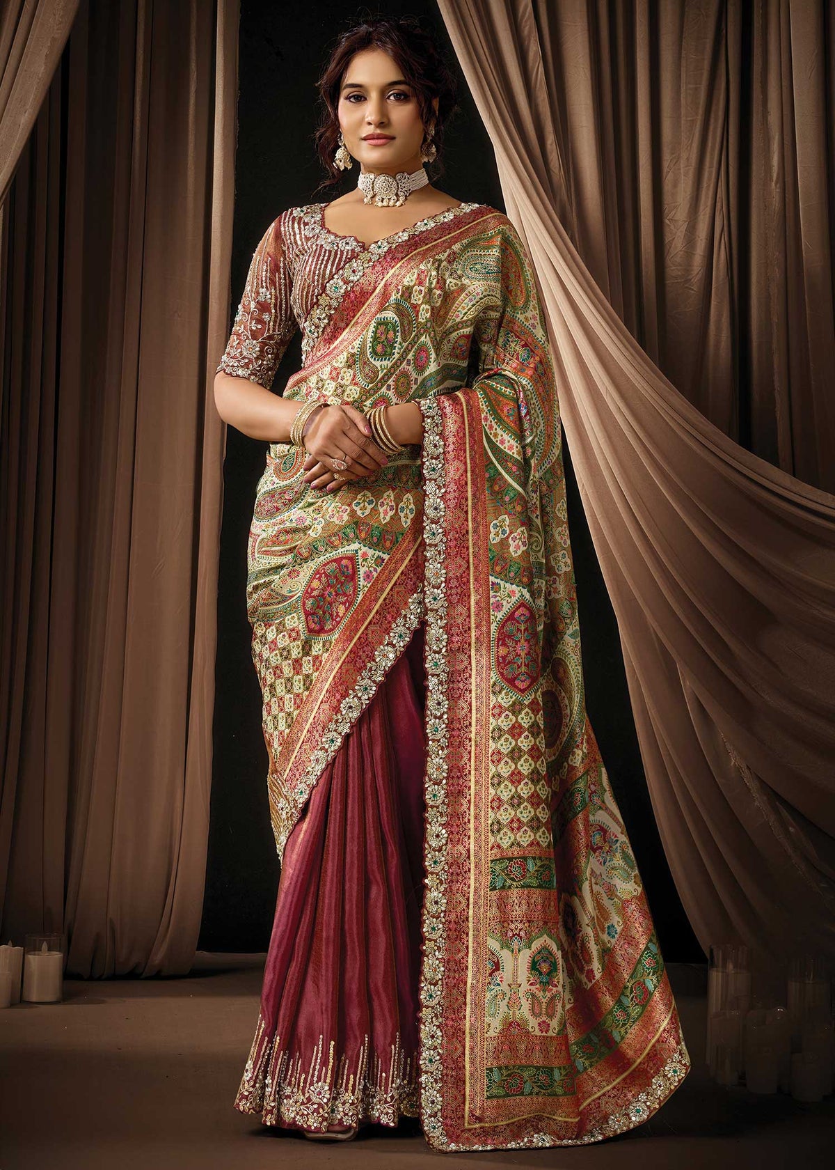 Maroon Printed Satin Silk Saree