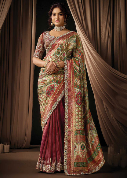 Maroon Printed Satin Silk Saree