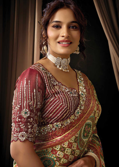 Maroon Printed Satin Silk Saree