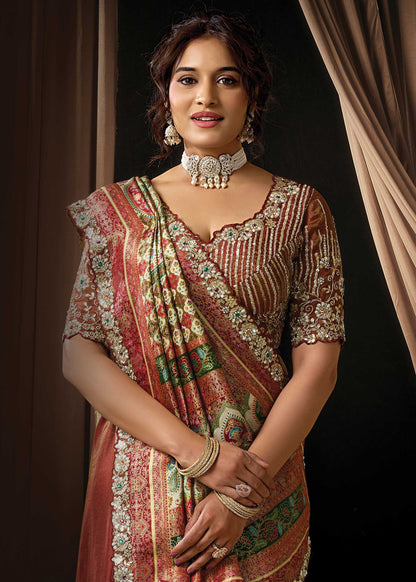 Maroon Printed Satin Silk Saree