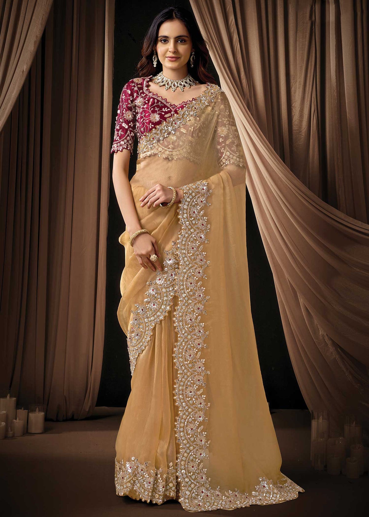 Champagne Organza Tissue Saree