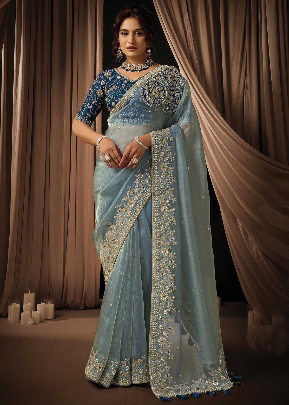 Sky Blue Zari Organza Saree