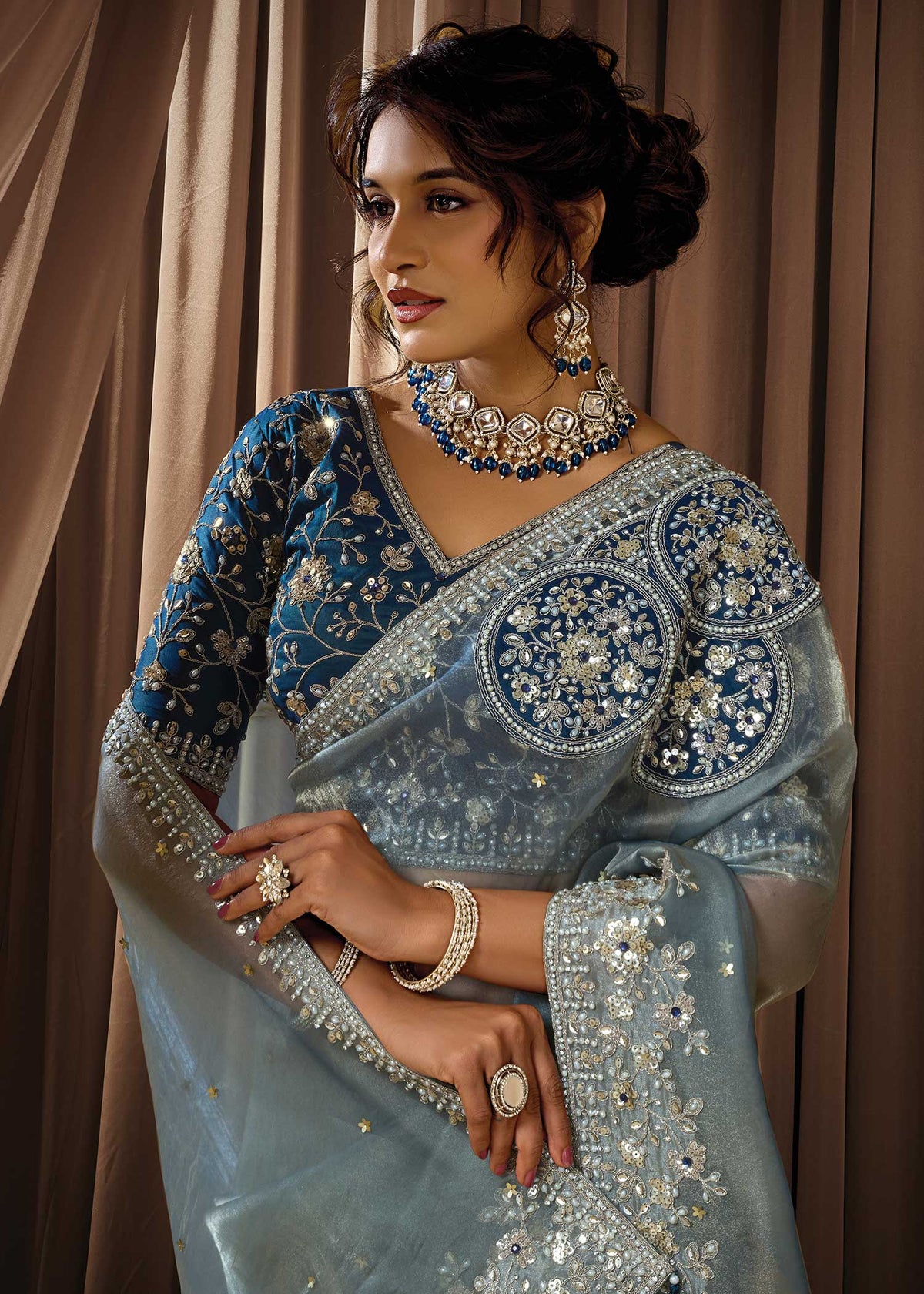 Sky Blue Zari Organza Saree