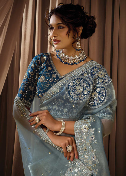 Sky Blue Zari Organza Saree