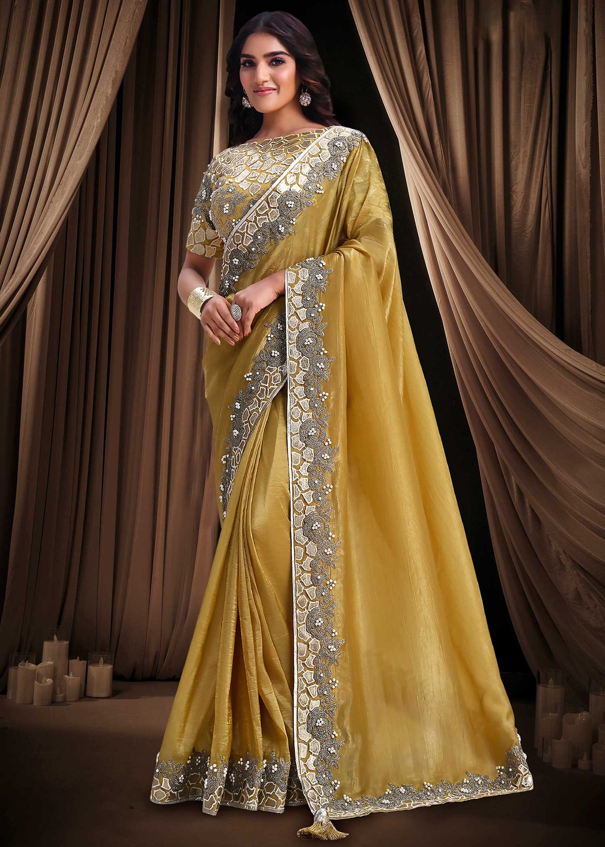 Golden Banarasi Crush Silk Saree