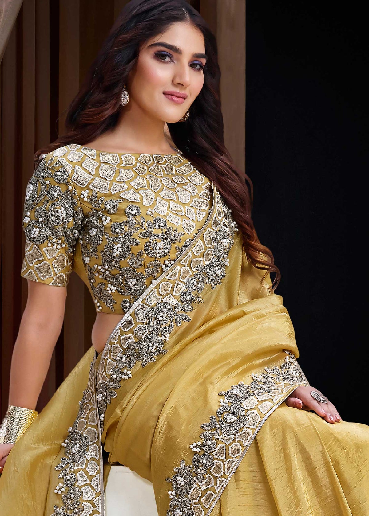 Golden Banarasi Crush Silk Saree