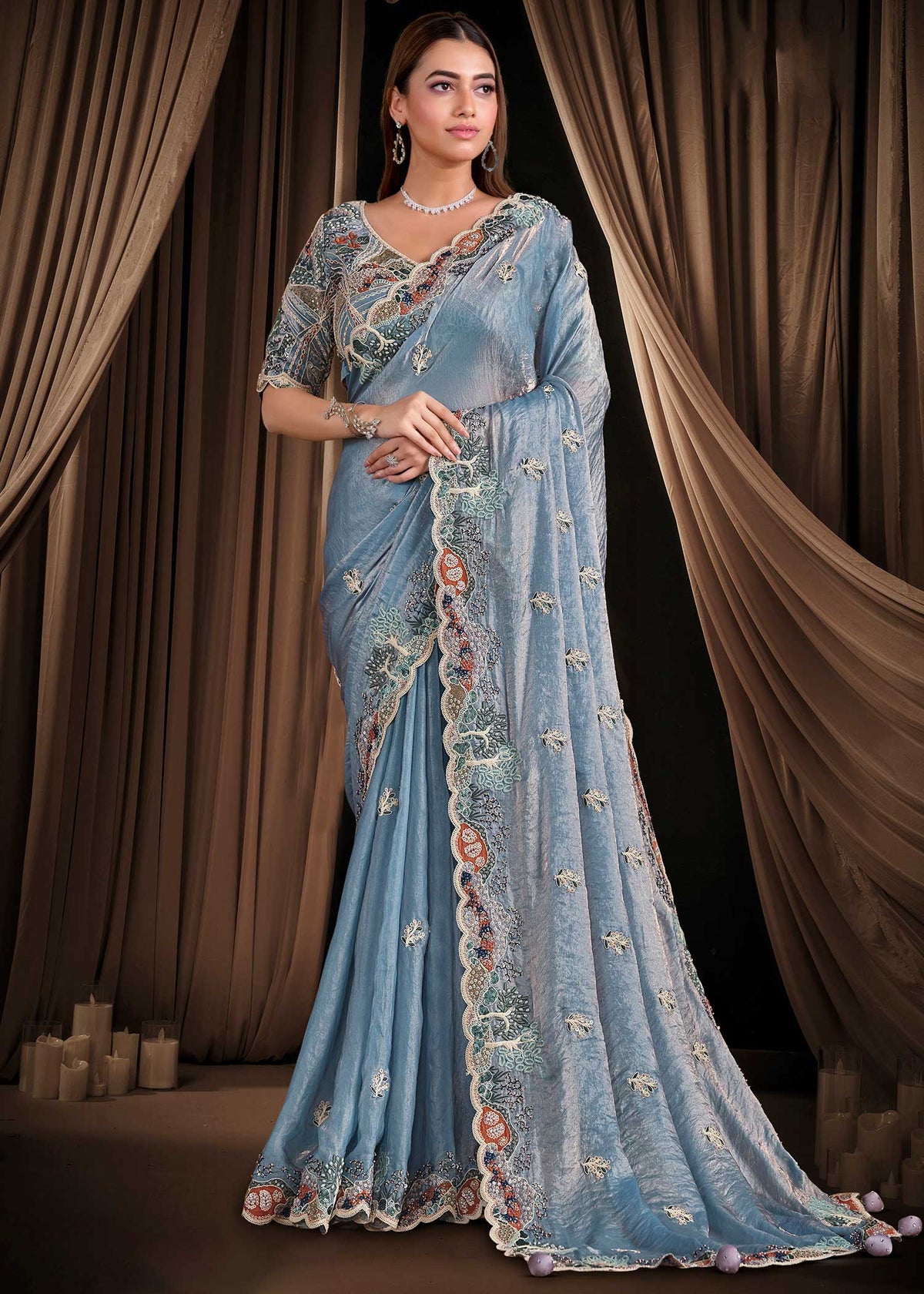 Sky Blue Two Tone Satin Silk Saree