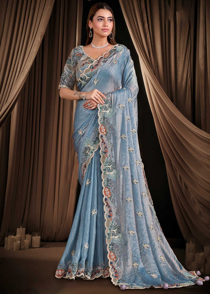 Sky Blue Two Tone Satin Silk Saree