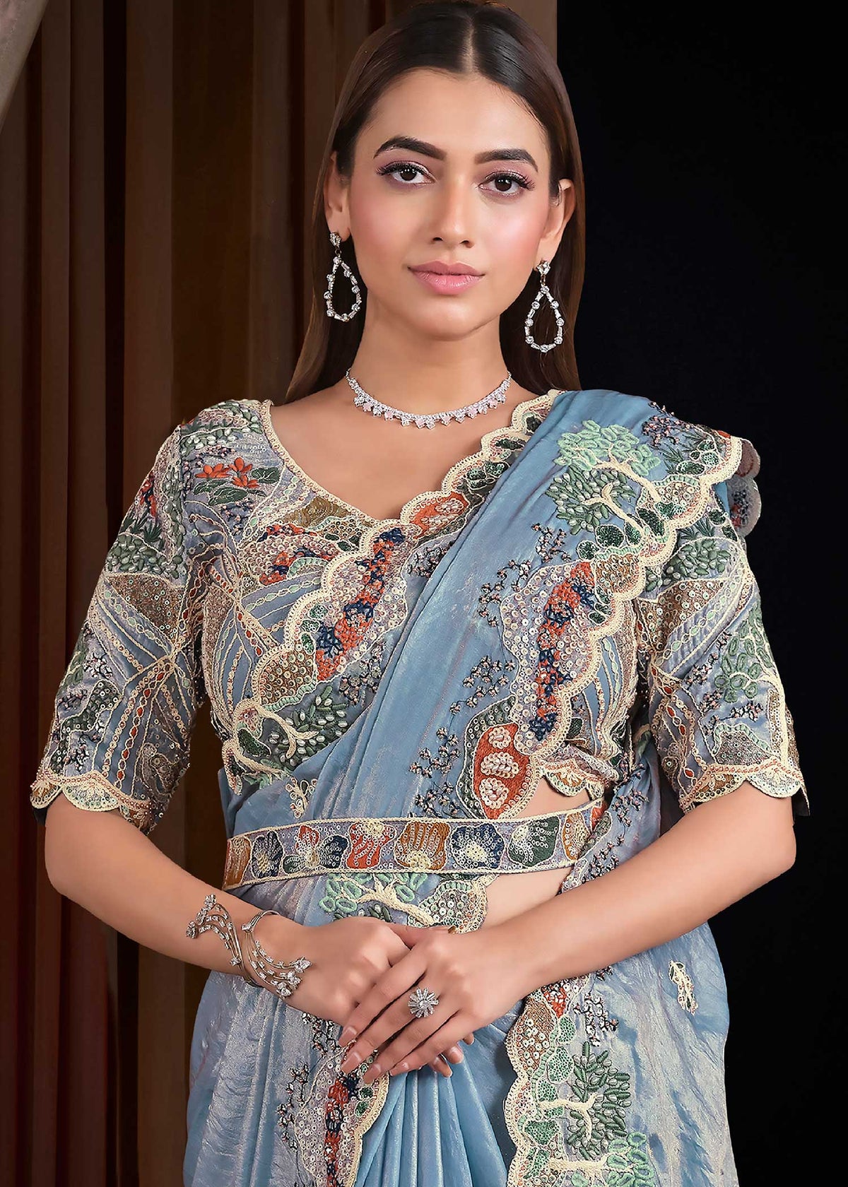 Sky Blue Two Tone Satin Silk Saree
