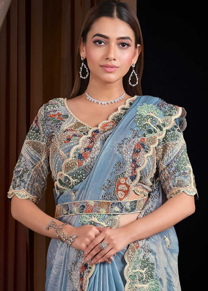Sky Blue Two Tone Satin Silk Saree