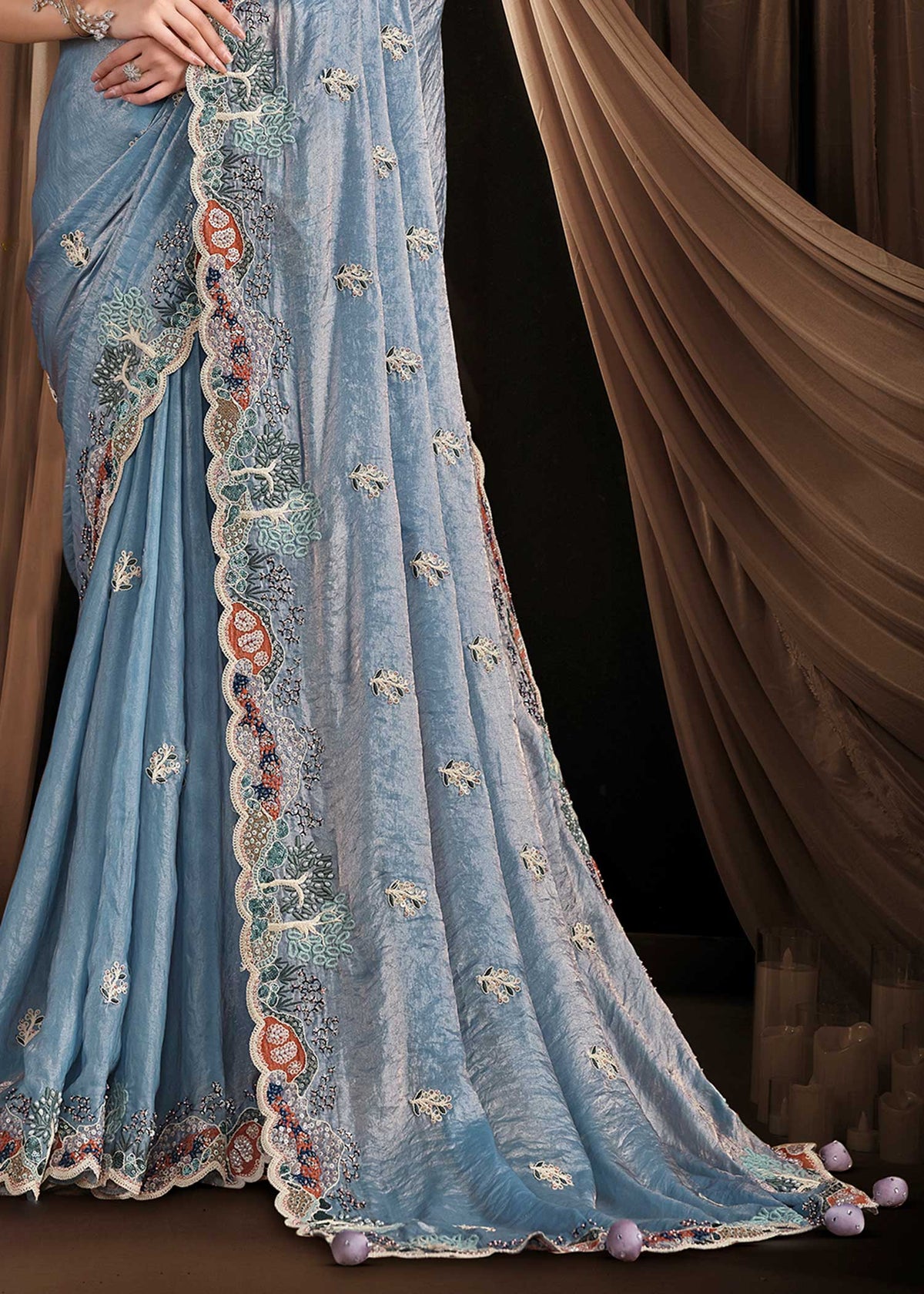 Sky Blue Two Tone Satin Silk Saree
