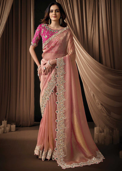 Blush Pink Zari Organza Saree