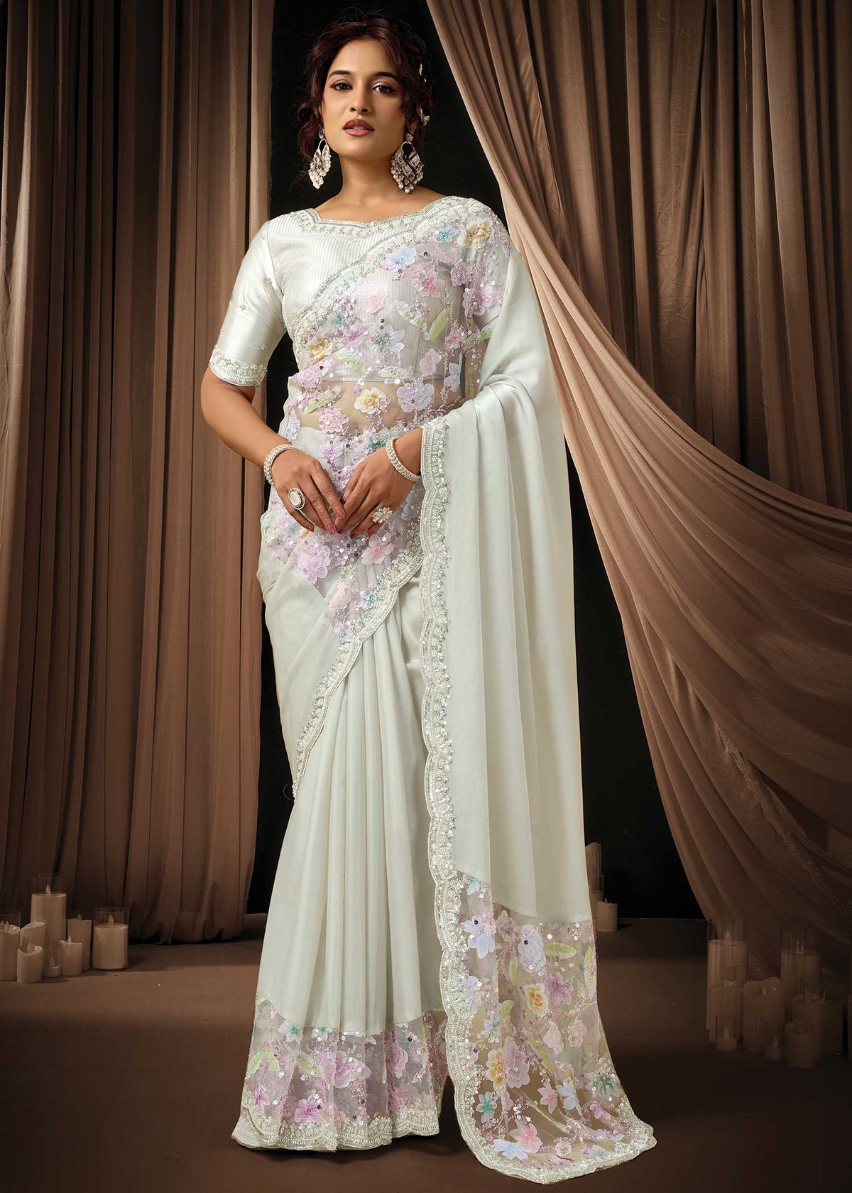 Ivory Satin Silk Saree